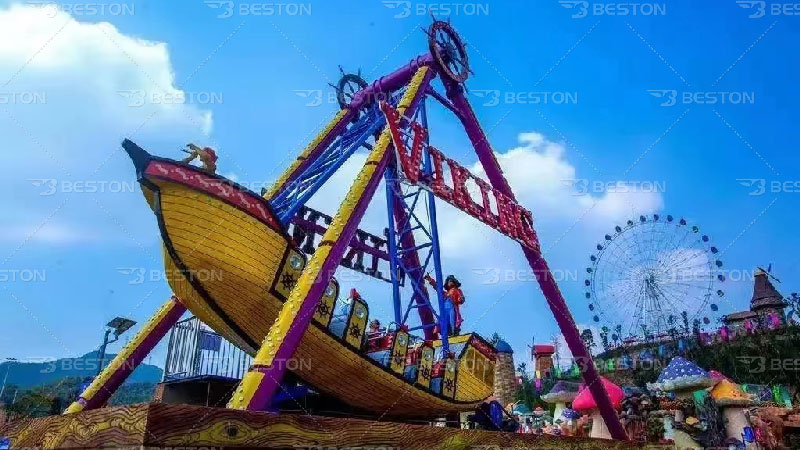 Thrill pirate ship ride in the amusement park 